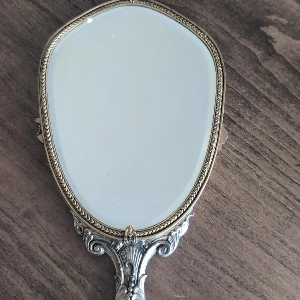 Large Vintage Art Nouveau Hand Mirror Ornate Rose Floral Silver Gold Tone Vanity